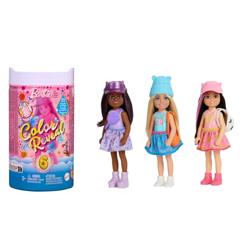 Barbie Chelsea Color Reveal - Puppensortiment in der Sporty Serie mit 6 Überraschungen, warmes Wasser färbt das Oberteil pink, Teamnummern auf dem Sporttop, für Kinder ab 3 Jahren, HKT85 Barbie Chelsea Color Reveal - Puppensortiment in der Sporty Serie mit 6 Überraschungen, warmes Wasser färbt das Oberteil pink, Teamnummern auf dem Sporttop, für Kinder ab 3 Jahren, HKT85 von Barbie