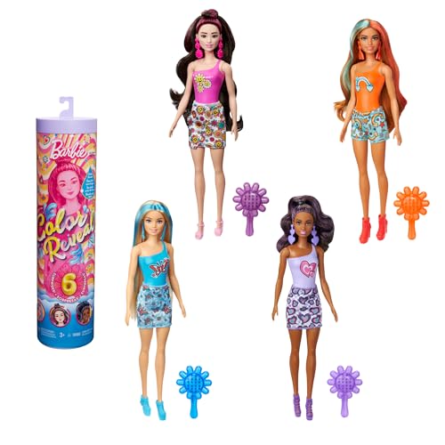 BARBIE Color Reveal Puppensortiment - 6 Überraschungen, psychedelisches rosa Color-Reveal-Muster, Kleidung, Accessoires und Flower-Power-Bürste, für Kinder ab 3 Jahren, HRK06 BARBIE Color Reveal Puppensortiment - 6 Überraschungen, psychedelisches rosa Color-Reveal-Muster, Kleidung, Accessoires und Flower-Power-Bürste, für Kinder ab 3 Jahren, HRK06 von Barbie