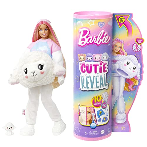 BARBIE Cutie Reveal - Plüschlamm mit beweglicher Barbie-Puppe, 10 Überraschungen inklusive Moden und Accessoires, Farbwechselspaß und Mini-Lämmchen, für Kinder ab 3 Jahren, HKR03 von Barbie