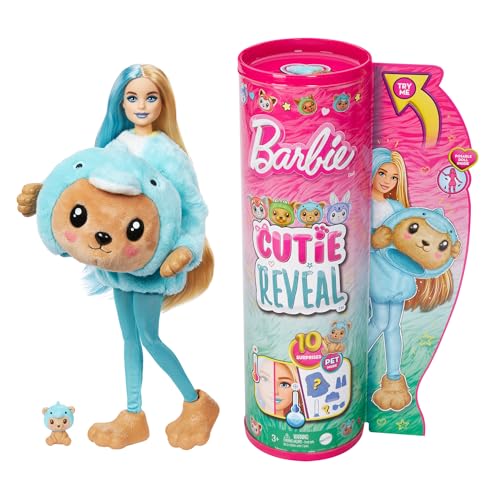 BARBIE Cutie Reveal Puppe - 10 Überraschungen, Plüschtierfreunde, Outfits, Farbwechselspaß, Teddybär in Delfin-Plüschkostüm, Colorblock-Haare, Mini-Haustier, Fleece-Jacke, ab 3 Jahren, HRK25 von Barbie