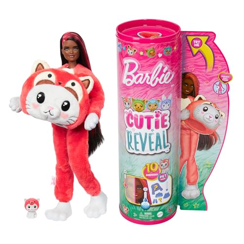 BARBIE Cutie Reveal Puppe - 10 Überraschungen, Plüschtierfreunde, Outfits und Farbwechselspaß, Roter-Panda-Plüschkostüm, Zubehör und Mini-Haustier, für Kinder ab 3 Jahren, HRK23 von Barbie