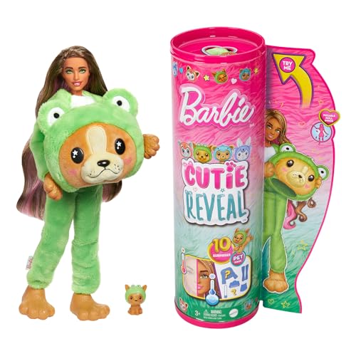 BARBIE Cutie Reveal Puppe - 10 Überraschungen in einer Verpackung, inklusive niedlichem Hund in grünem Frosch-Plüschkostüm, langem braunem Haar mit pinken Strähnen, für Kinder ab 3 Jahren, HRK24 BARBIE Cutie Reveal Puppe - 10 Überraschungen in einer Verpackung, inklusive niedlichem Hund in grünem Frosch-Plüschkostüm, langem braunem Haar mit pinken Strähnen, für Kinder ab 3 Jahren, HRK24 von Barbie