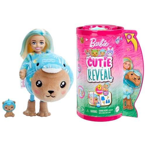 BARBIE Cutie Reveal Puppe - 6 Überraschungen in einer Verpackung, Plüschtierfreunde, Teddybär in Delfin-Plüschkostüm, Chelsea-Puppe mit blondem Haar und Zubehör, ab 3 Jahren, HRK30 von Barbie