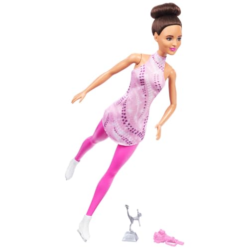 BARBIE Eiskunstläuferin Puppe - Pinkes Eiskunstlaufoutfit, abnehmbares Oberteil und Schlittschuhe, inklusive Blumenstrauß und silberner Trophäe, klassischer Dutt, für Kinder ab 3 Jahren, HRG37 von Barbie