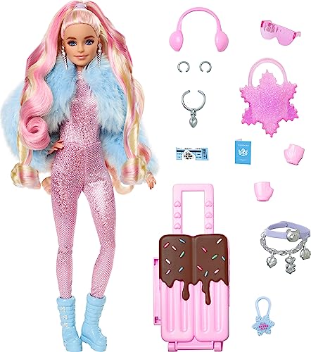 Barbie Extra Fly - Reisepuppe mit Winter-Outfit und Zubehör, 15 Accessoires wie Ohrenschützer, Handschuhe, Skibrille und Koffer, für Kinder ab 6 Jahren, HPB16 von Barbie