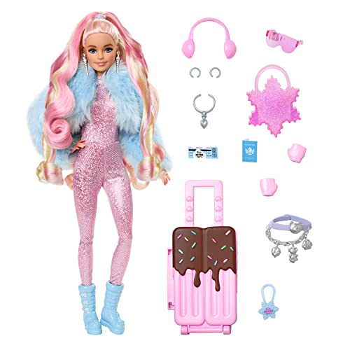 Barbie Extra Fly - Reisepuppe mit Winter-Outfit und Zubehör, 15 Accessoires wie Ohrenschützer, Handschuhe, Skibrille und Koffer, für Kinder ab 6 Jahren, HPB16 von Barbie