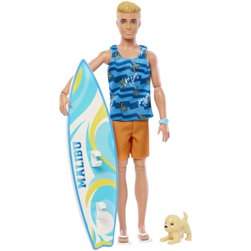 BARBIE Ken Surfer Set - Bewegliche blonde Ken-Puppe mit Surfbrett, Hündchen und Strand-Accessoires für belebende Strandabenteuer, für Kinder ab 3 Jahren, HPT50 von Barbie