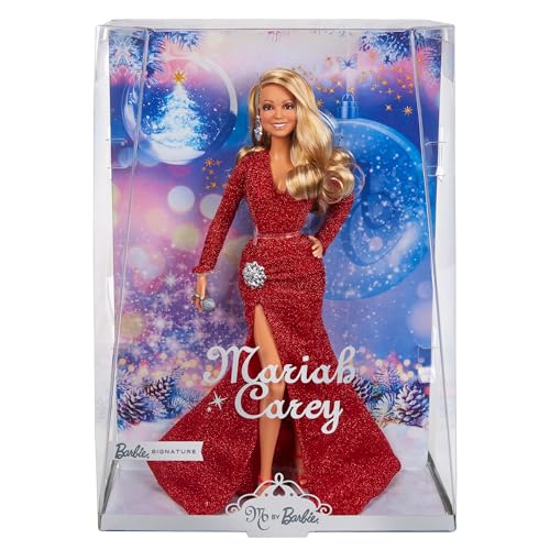 Barbie Mariah Carey - Sammelpuppe mit glänzender roter Robe, Rüschen, Schlitz, glamouröse Locken, silberfarbene Accessoires, rote High Heels, Weihnachtstradition, Dekoration, HJX17 von Barbie