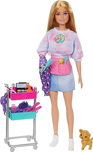 Barbie On Set Malibu Puppe und Zubehör - Frisierwagen, Haar- und Make-up-Accessoires, Schürze, Hündchen, für Kinder ab 3 Jahren, HNK95 von Barbie