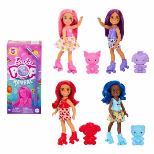 Barbie Pop Reveal Puppensortiment - Saftkartonverpackung mit 5 Überraschungen, fruchtiger Duft, Bunte Haare, Rollschuhe und sensorische Funktionen, für Kinder ab 3 Jahren, HRK58 von Barbie