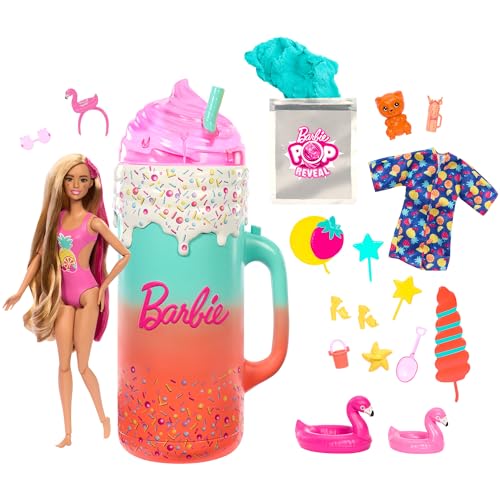 BARBIE Pop Reveal Rise & Surprise Geschenkset - über 15 Überraschungen, inklusive aufsteigender Barbie-Puppe, Strandzubehör, für fruchtig-frechen Spielspaß, für Kinder ab 3 Jahren, HRK57 von Barbie