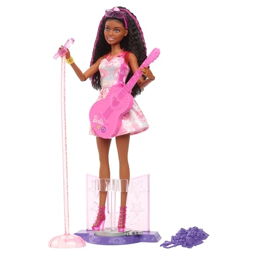 Barbie Sängerin-Puppe - Zubehör-Set zur 65. Jubiläumsedition, Bühnen-Clip, Mikrofon und Gitarre, Sonnenbrille, Schmuck und Blumenstrauß und pinken High Heels, für Kinder ab 3 Jahren, HRG43 von Barbie