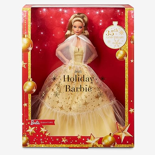 Barbie Signature - 2023 Holiday Puppe Jubiläumsedition zum 35. Geburtstag, goldenes Kleid und honigbraune Haare mit Echtheitszertifikat, saisonales Sammlergeschenk für Kinder ab 6 Jahren, HJX06 von Barbie