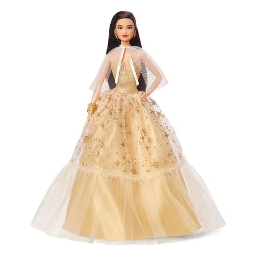 Barbie Signature - 2023 Holiday Puppe Jubiläumsedition zum 35. Geburtstag, goldenes Kleid und Schwarze Haare mit Echtheitszertifikat, saisonales Sammlergeschenk für Kinder ab 6 Jahren, HJX07 von Barbie