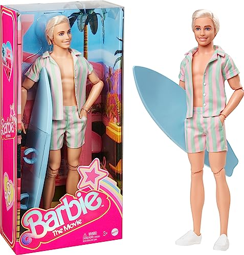 BARBIE THE MOVIE - Puppe für Barbie Filme Fans, Ken-Puppe, Sammelpuppe im Surfbrett und Turnschuhen, beweglicher Körper, platinblondes Haar, als Geschenk für Kinder ab 3 Jahren geeignet, HPJ97 von Barbie