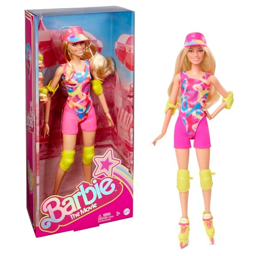 BARBIE The Movie, Margot Robbie - Skating Puppe mit Neon-Outfit, Retro-Gymnastikanzug, pinkfarbene Biker-Shorts, Sonnenschild, neongrüne Kreolen-Ohrringe, Skatingausrüstung, Impala-Inlineskates, HRB04 von Barbie