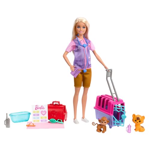 BARBIE Tierrettungsspielset - Barbie-Puppe mit Tiger und Äffchen, Transportbox mit funktionierender Tür und Griff, Zubehör für Geschichtenerzählen, abenteuerlicher Rollenspielspaß, HRG50 von Barbie