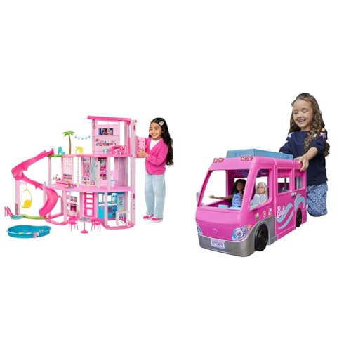 BARBIE - Traumvilla, Poolparty Puppenhaus mit mehr als 75 Teilen und Rutsche über 3 Etagen & Dream Camper Van (75 cm) mit 7 Spielbereichen von Barbie