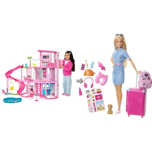 BARBIE - Traumvilla, Poolparty Puppenhaus mit mehr als 75 Teilen und Rutsche über 3 Etagen & Puppe Barbie Dream House Adventures, Reise-Barbie mit blonden Haaren von Barbie