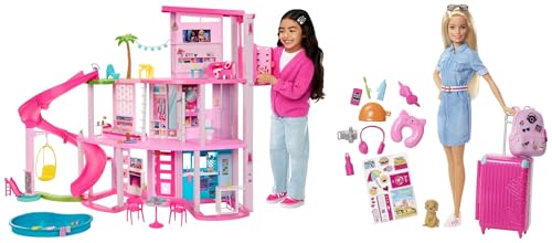 BARBIE - Traumvilla, Poolparty Puppenhaus mit mehr als 75 Teilen und Rutsche über 3 Etagen & Puppe Barbie Dream House Adventures, Reise-Barbie mit blonden Haaren von Barbie