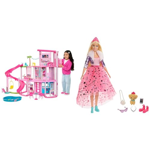 BARBIE - Traumvilla & GML76 - Prinzessinnen-Abenteuer Puppe mit Mode (ca. 30 cm), blond, Barbie-Puppe mit Hündchen, 2 Paar Schuhe, Diadem und 4 Accessoires, für Kinder von 3 bis 7 Jahren von Barbie