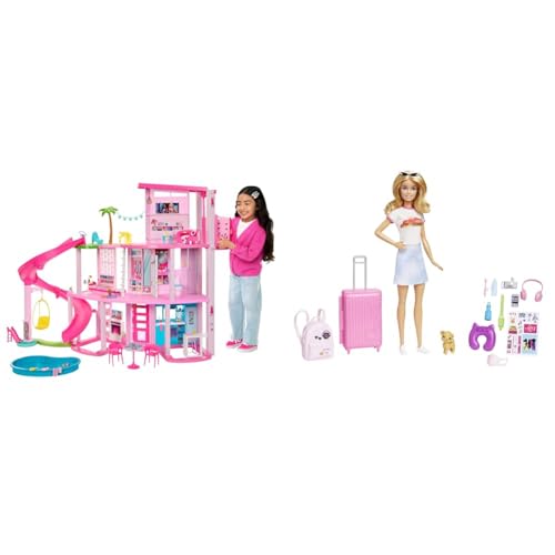 BARBIE - Traumvilla & -Puppe, Reise- mit blonden Haaren, 10+ Barbie-Reisezubehör, Aufkleber, Koffer, Welpe, 1 Barbie-Puppe inklusive, Geschenk für Kinder, Spielzeug ab 3 Jahre,HJY18 von Barbie