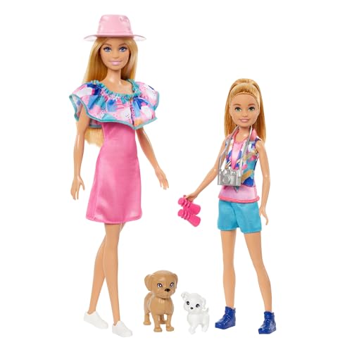 Barbie und jüngere Schwester Stacie - Sorgen für Geschwisterabenteuer in sommerlicher Kleidung und Accessoires, inklusive Kamera, Fernglas, Sommerhut und Zwei Hündchen, für Kinder ab 3 Jahren, HRM09 von Barbie