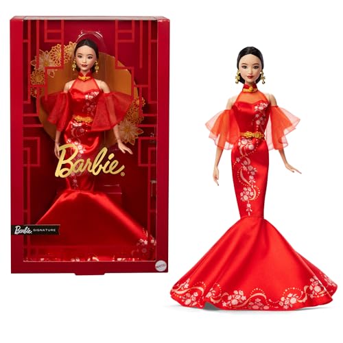 ​Barbie Lunar New Year Barbie-Puppe im Qipao-Kleid mit Pflaumenblüten-Aufdruck und goldenen Accessoires, Barbie Signature Kollektion, JBJ11, [Mehrfarbig] von Barbie