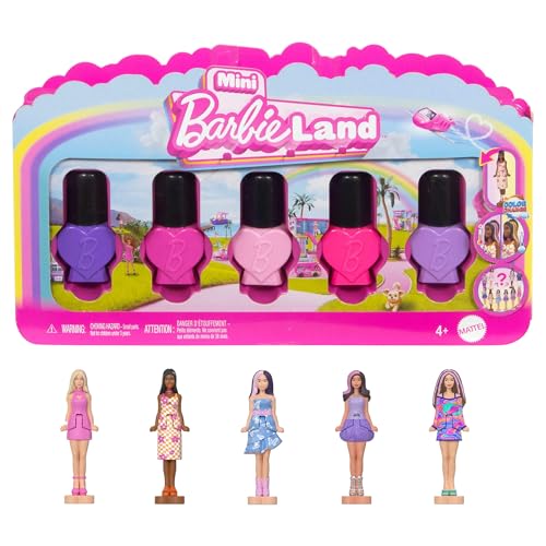 Barbie Mini Barbie Land 5er-Set Fashionistas-Puppen, ca. 3,8 cm große Minipuppen in Nagellackbehältern, Sammelset mit Überraschungen (Stile können abweichen), JGL28 von Barbie
