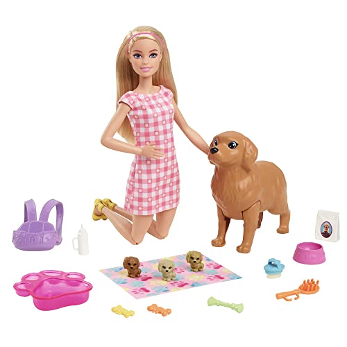 Barbie Newborn Pups Playset, Barbie-Puppe mit blonden Haaren, Barbie-Hundeset, inkl. 3 Welpen, 10+ Barbie-Accessoires, Farbwechseleffekte, inkl. Barbie-Puppe, Geschenk für Kinder ab 3 Jahren,HCK75 von Barbie