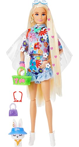 Barbie HDJ45 - Extra Puppe 12 mit floralem Outfit und Zubehör, Extra langes Blondes Haar mit Herzsymbolen und flexiblen Gelenken, Spielzeug Geschenk für Kinder ab 3 Jahren, Nicht Zutreffend, One Size von Barbie