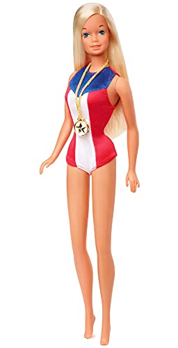 Barbie 1975 Goldmedaillen-Puppen-Reproduktion, mit Olympischen Spielen und Goldmedaillen-Accessoire. mit Puppenständer und Echtheitszertifikat, Geschenk für Sammler von Barbie