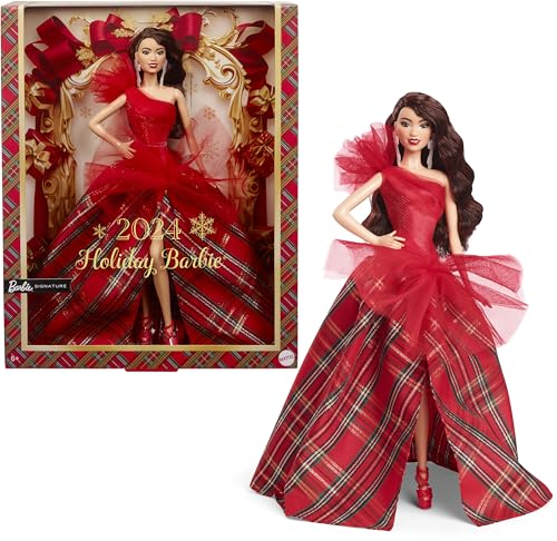 Barbie 2024 Urlaubspuppen, Saisonales Sammlerspielzeug, Barbie Signature, kariertes Kleid mit roter Schleife, Displayable Verpackung, dunkelbraunes Haar von Barbie