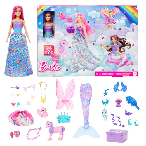 Barbie-Adventskalender mit Puppe und 24 Überraschungs-Accessoires mit Einhorn und 3 Tieren, die Modepuppe mit rosa Haaren kann in eine Meerjungfrau, Fee und mehr verwandelt Werden, HRG90 Barbie-Adventskalender mit Puppe und 24 Überraschungs-Accessoires mit Einhorn und 3 Tieren, die Modepuppe mit rosa Haaren kann in eine Meerjungfrau, Fee und mehr verwandelt Werden, HRG90 von Barbie