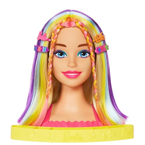 Barbie Totally Hair - Neon-Regenbogen Deluxe Styling-Kopf mit 22 Zubehörteilen, 10 Farbwechselelementen und Color Reveal-Accessoires, inklusive Aufbewahrungsfach, ab 3 Jahren, HMD78 von Barbie