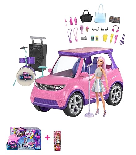 Barbie Bundle Big City, Big Dreams Transforming Vehicle Playset, Pink 2-Seater SUV Reveals Stage, Concert-Themed Accessories, Geschenk für 3 bis 7 Jahre, GYJ25 Job Dolls, Spielzeug ab 3 J von Barbie