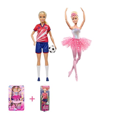Barbie Bundle Pack - Dreamtopia Zauberlicht Puppe (HLC25) + Fußball-Spielerin Puppe (HCN17) mit blondem Haar und verschiedenen Outfits und Diadem, für Kinder ab 3 Jahren von Barbie