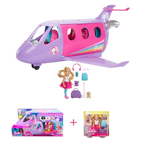 Barbie Bundle Pack - Flugzeug-Abenteuer Spielset (HCD49) + Travel Chelsea Puppe (FWV20) mit Haustierwelpe, Tragetasche und Accessoires, für Kinder ab 3 Jahren von Barbie