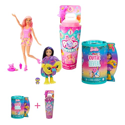 Barbie Bundle Pack - Pop Reveal Fruit (HNW41) + Cutie Reveal Dschungel-Serie Chelsea Puppe (HKR16) mit fruchtigen Überraschungen und Farbwechselspaß, für Kinder ab 3 Jahren von Barbie