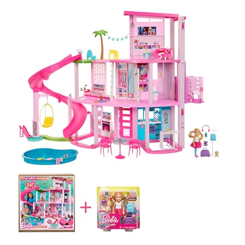 Barbie Bundle Pack - Puppenhaus (HMX10) + Chelsea Puppe (FWV20) Traumvilla Spielset mit 75 Bausteinen und Rutsche über 3 Stockwerken, Haustierlift und Reisehündchen, für Kinder ab 3 Jahren von Barbie