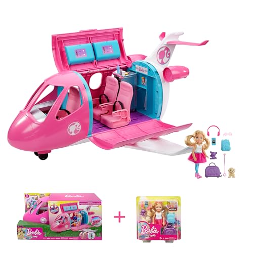 Barbie Bundle Pack - Traumflugzeug (GDG76) + Chelsea Puppe (FWV20) mit verstellbaren Rückenlehnen, funktionierenden Gepäckablagen, zweier Hündchen, Flugzeugtrolley, für Kinder ab 3 Jahren von Barbie
