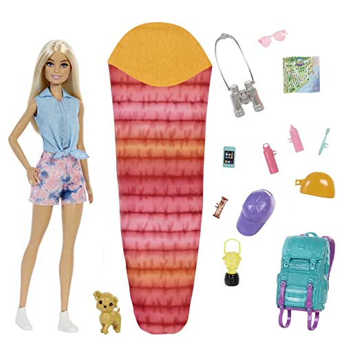 Barbie Camping Serie, 1x Puppe mit blonden Haaren, Wanderrucksack, Outdoor-Ausrüstung, Fernglas, Landkarte, Welpe, Zubehör, Geschenk für Kinder, Spielzeug ab 3 Jahre,HDF73 von Barbie