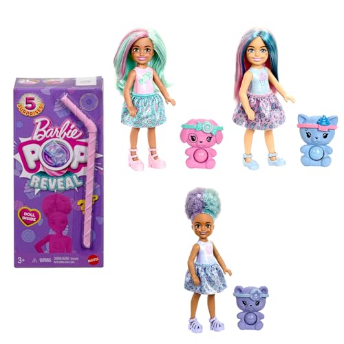 Barbie Chelsea Pop Reveal Set mit Puppe, Treat-Serie mit 5 Überraschungen, darunter eine duftende kleine Puppe, Pop-it-Haustier und Farbwechsel (Stile können abweichen), JFY01 von Barbie