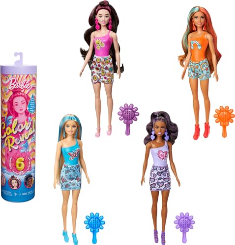 Barbie Color Reveal Puppe & Zubehör mit 6 Unboxing-Überraschungen, Groovy-Themen-Serie mit farbwechselndem Mieder, inspiriert von den 1960er Jahren von Barbie