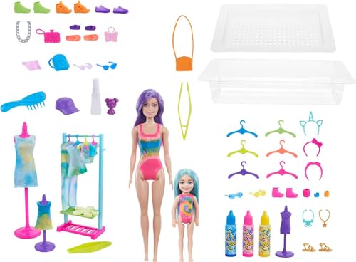 Barbie Colour Reveal Tie Dye Fashion Maker, Färbe-Set Colour Reveal, 50 Überraschungen, Chelsea-Puppe mit 35 Accessoires, 3 Flaschen auswaschbare Farbe, als Geschenk geeignet von Barbie