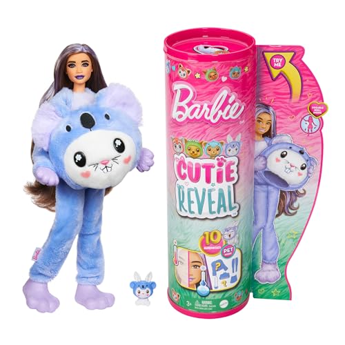BARBIE Cutie Reveal Puppe - 10 Überraschungen in einer Verpackung, Plüschtierfreunde, Hase in Koala-Plüschkostüm, bewegliche Gelenke, Zubehör und Mini-Haustier, ab 3 Jahren, HRK26 von Barbie