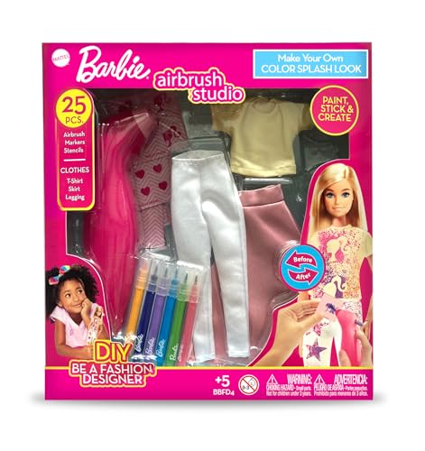 Barbie DIY Airbrush Studio - 25-teiliges Farbspritzer-Mode-Kit | Design Barbie Kleidung für Puppen mit Airbrush, Markern, Schablonen und Outfits | kreatives Spielzeug für Mädchen ab 5 Jahren Barbie DIY Airbrush Studio - 25-teiliges Farbspritzer-Mode-Kit | Design Barbie Kleidung für Puppen mit Airbrush, Markern, Schablonen und Outfits | kreatives Spielzeug für Mädchen ab 5 Jahren von Barbie