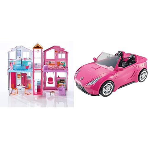 Barbie DLY32 - Stadthaus mit 3 Etagen, zusammenklappbar, viele Zubehörteile, ab 3 Jahren & DVX59 - Cabrio Fahrzeug, in pink, mit Platz für 2 Puppen, Puppen Zubehör, Spielzeug ab 3 Jahren von Barbie
