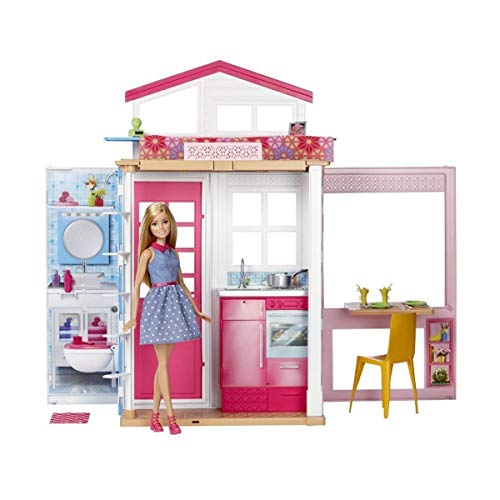Barbie DVV48-2-Etagen Ferienhaus und Puppe, zusammenklappbar, mit Tragegriff, mehrere Spielbereiche, enthaltene Möbel & themenbezogene Aufkleber + Zubehörteile, Puppenhaus, Spielzeug ab 3 Jahren von Barbie
