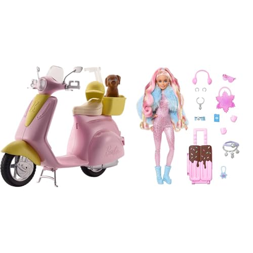 Barbie DVX56 FRP56 Motorroller, pink & Extra Fly - Reisepuppe mit Winter-Outfit und Zubehör, 15 Accessoires wie Ohrenschützer, Handschuhe, Skibrille und Koffer, für Kinder ab 6 Jahren, HPB16 von Barbie
